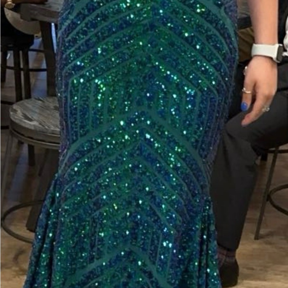 Jovani Teal Sequin Maxi Dress